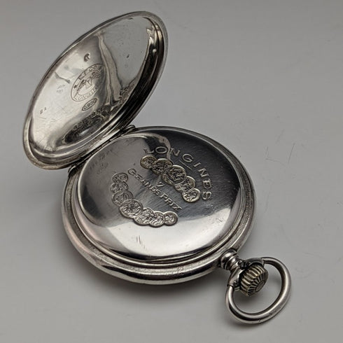 1920s antique Longines pocket watch silver side hunter works well